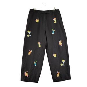 SAINT TROPEZ WEST Black 100% Linen Martini Tiki Embroidered Beachy Pants SIZE 12